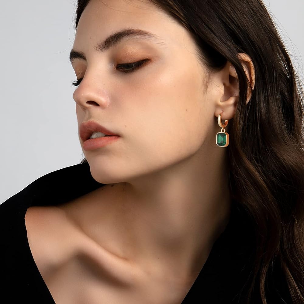 Birthstone Crystal Dangle Drop Earrings, 18K Gold Plated Huggie Hoop Hypoallergenic Earring Jewel... | Amazon (US)