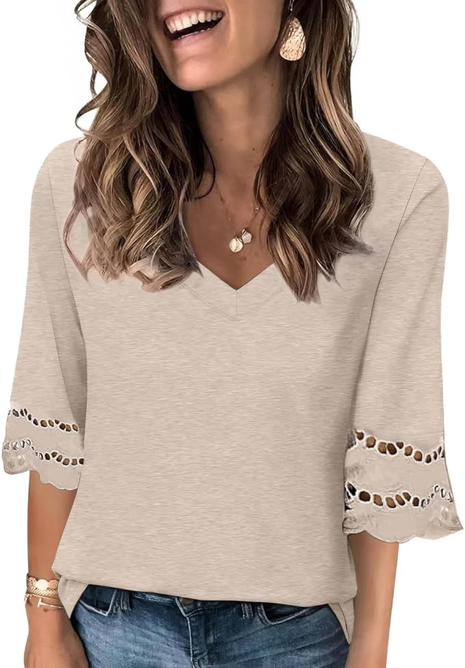 Women's V Neck 3/4 Lace Sleeve Tshirts Casual Summer Loose Fit Fashion Tops | Amazon (US)