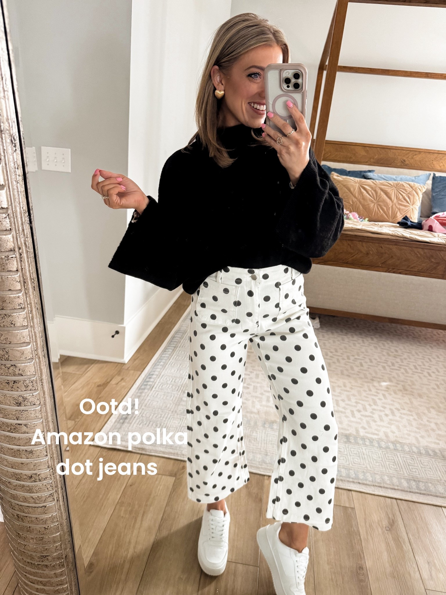 Today’s OOTD 🤍🖤 Easy, comfy, and still feels fun. These new Amazon polka dot jeans are such a statement piece — playful, flattering, and surprisingly easy to style. I paired them with my go-to Amazon sweater, which I wear nonstop because it’s soft, relaxed, and works with everything. Finished the look with my favorite Walmart sneakers for an effortless, everyday vibe.

This outfit is perfect for school drop-off, errands, casual meetings, or just days when you want to feel put together without trying too hard. Polka dots are having such a moment, and these jeans are a great way to add personality to your everyday wardrobe while still keeping things neutral and wearable.

Everything is affordable, comfortable, and on repeat in my closet.

Linked in LTK 🤍

#ootd #amazonfashion #amazonfinds #polkadotjeans #statementjeans #everydayoutfit #casualstyle #momstyle #schooldropoffstyle #affordablefashion #walmartfinds #sneakerstyle #comfyandcute #ltkfinds #ltkstyle