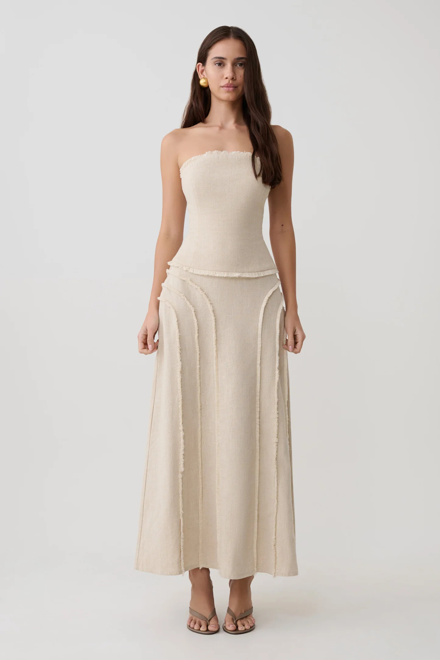 Annie Linen Frayed Midi Skirt - Natural | Meshki UK