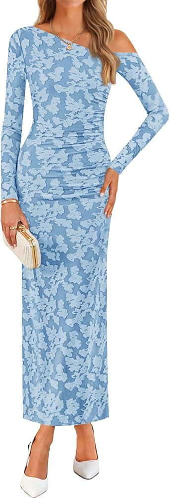 ZESICA Women's Spring Floral Off Shoulder Bodycon Maxi Dresses 2026 Long Sleeve Ruched Elegant Co... | Amazon (US)