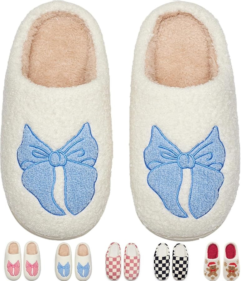 Cute Bow House Slippers Memory Foam Fuzzy Shoes for Women Non-Slip Warm Indoor Outdoor | Amazon (US)