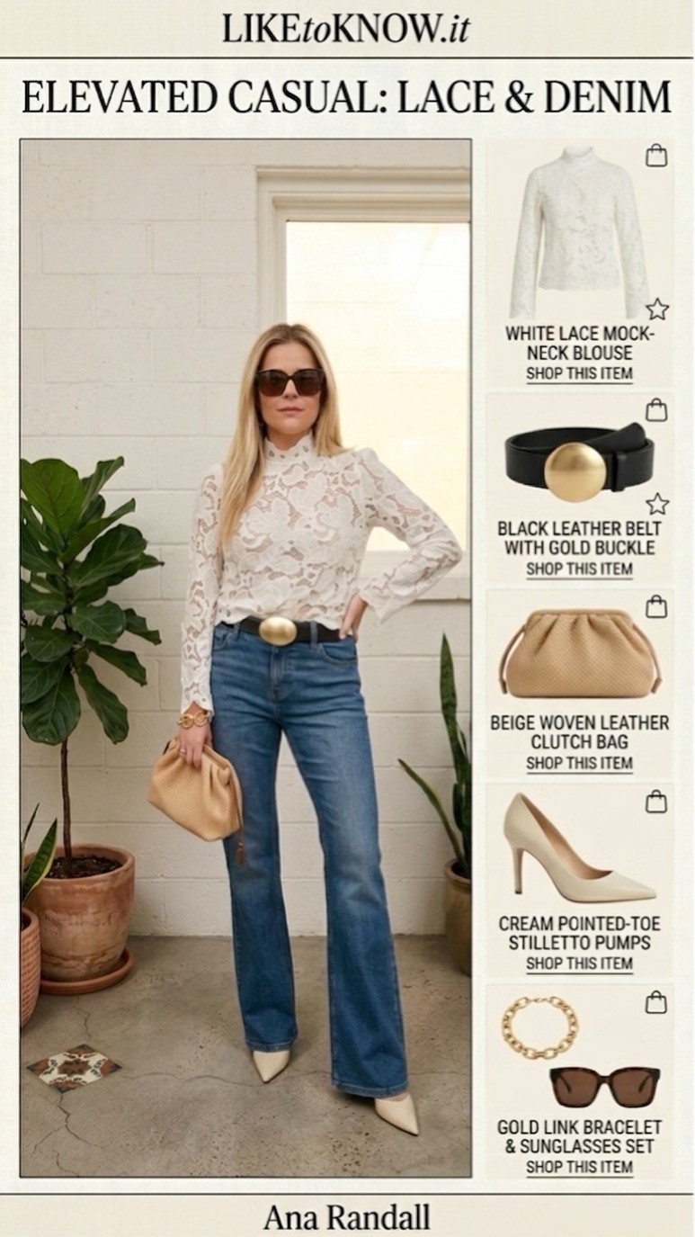 ✨ Obsessed with this effortlessly chic spring look! 💖

Can't get enough of the way this delicate lace mock-neck top and high-waisted wide-leg jeans create such a sophisticated vibe.

The beige woven leather clutch is the perfect finishing touch! 😍

Xoxo,
Ana Randall 💗

 #chicstyle #springfashion #OOTD #styleinspo #liketkit

#LTKspring #LTKstyletip #LTKjeans #LTKdatenight