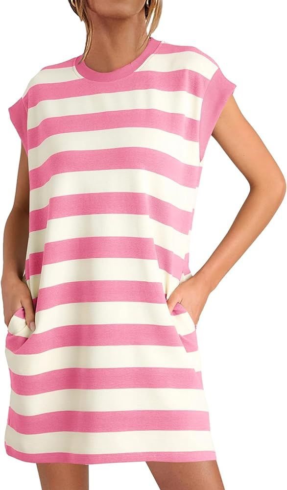 MITILLY Womens Striped Casual Summer Dresses Crewneck Cap Sleeve Color Block Shift Tshirt Short D... | Amazon (US)