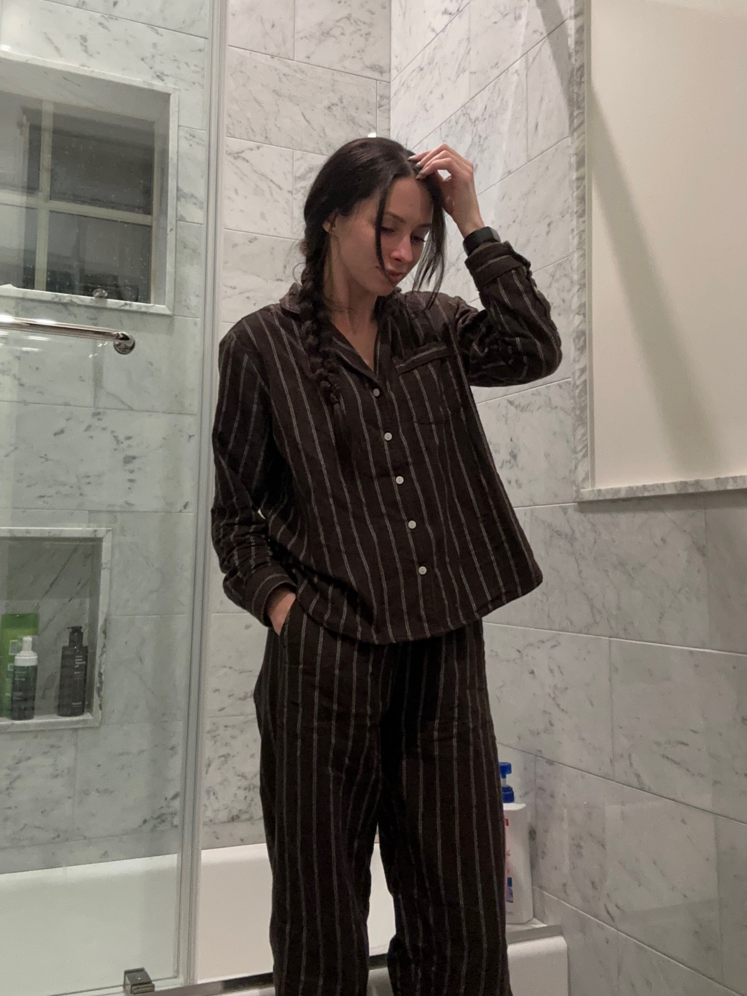 Flannel pyjamas in brown stripe. Full length with pocket. Very warm and cozy for the colder nights. I bought this set on sale. Can’t find the exact same color any more, but the linked blue stripes are also super cute. I’m 5’8 and wearing size XS. The pants are perfect length so I wouldn’t size up. If you want even more oversized or longer shirt, don’t go more than one size up. 

#LTKFamily #LTKSaleAlert #LTKSeasonal