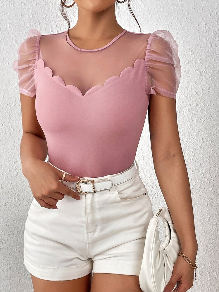 evoluSHEINSHEIN Privé Contrast Mesh Scallop Trim Puff Sleeve Tee | SHEIN