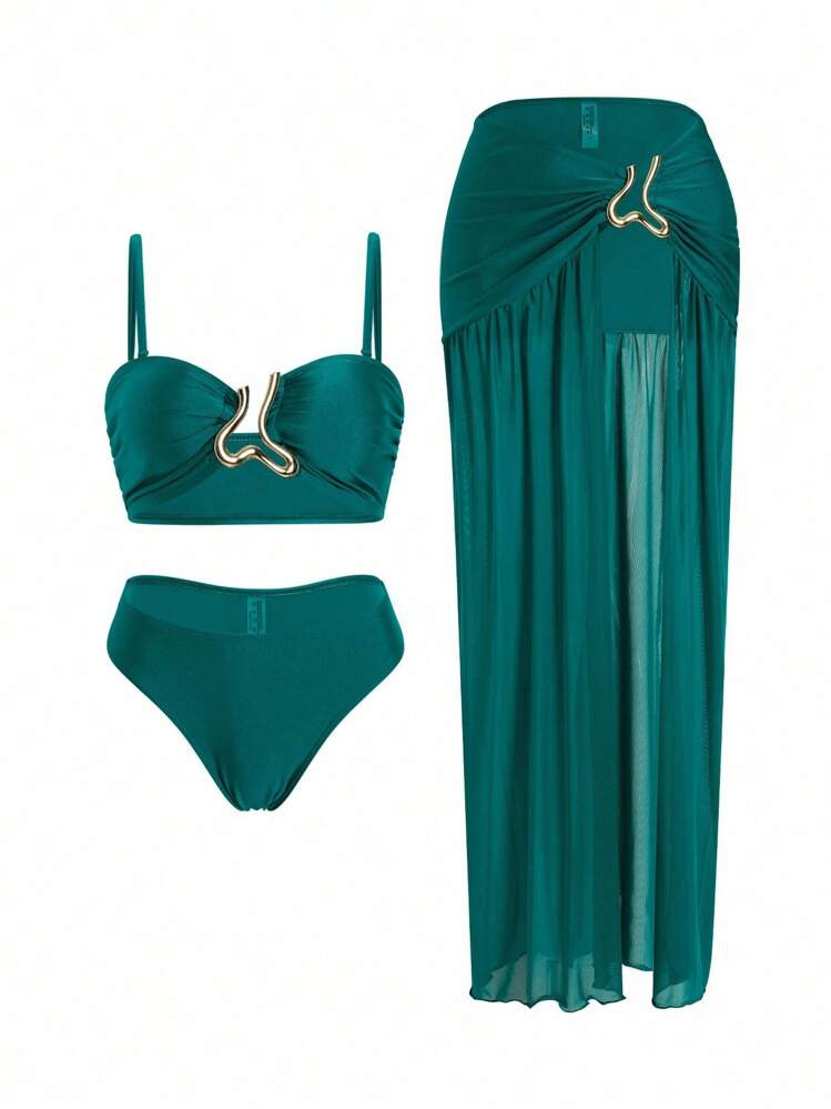 Swim Oasis 3pcs Women Split Bikini Set With Solid Color Metal Decor, Adjustable Strap Bandeau Top & High Waist Skirt, Fashionable Beach Resort Style For Summer Beach Vacation | SHEIN