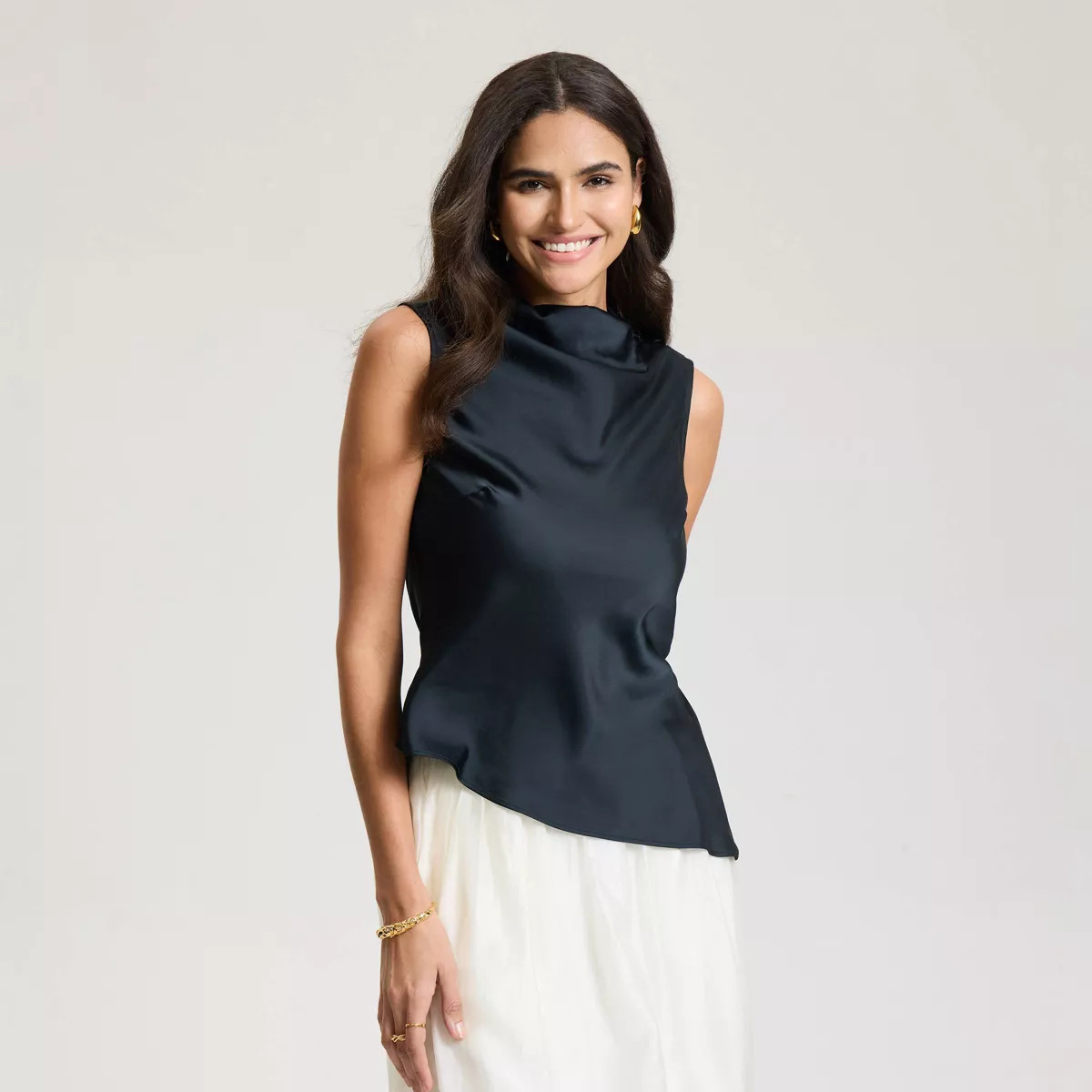Women's Satin High Neck with Button-Up Shoulder - A New Day™ Black | Target