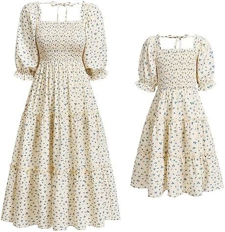 Mommy and Me Matching Dresses Floral Printed Ruffled Lantern Sleeves A-Line Long Dress Mom Daught... | Amazon (US)