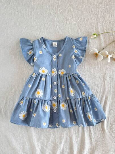 SHEIN Vintaside Kids Baby Girl One Piece Casual Vacation Floral Pattern V-Neck Dress For Summer, ... | SHEIN