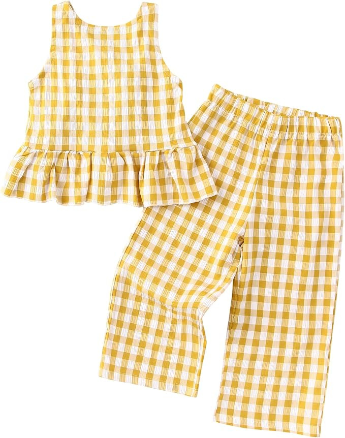 Toddler Girl Clothes Kid Summer Outfit Plaid Sleeveless Vest Shirt Tops Pants Set | Amazon (US)