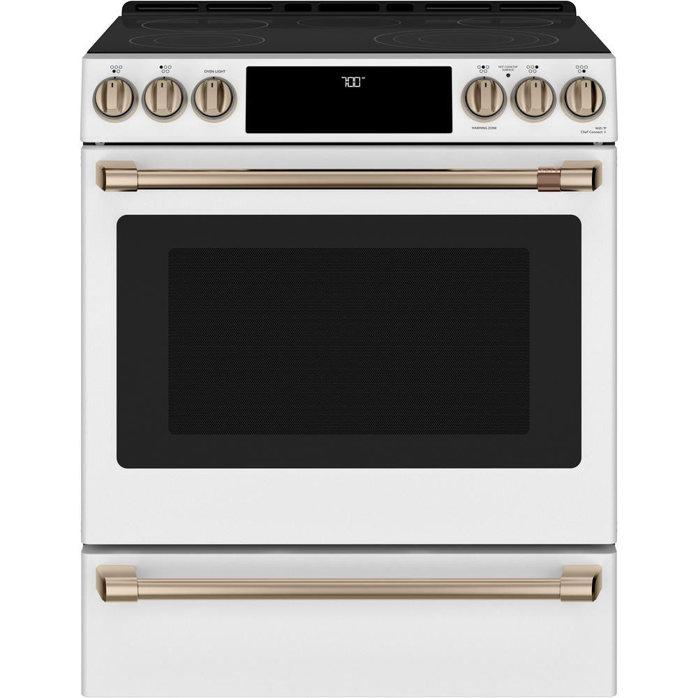 Cafe 30 in. 5.7 cu. ft. Smart Slide-In Electric Range w/Self-Cleaning Convection Oven in Matte Wh... | The Home Depot