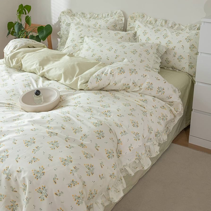 VM VOUGEMARKET Romantic Ruffle Duvet Cover Set Twin Girls Princess Style Green Floral Stripes Bed... | Amazon (US)