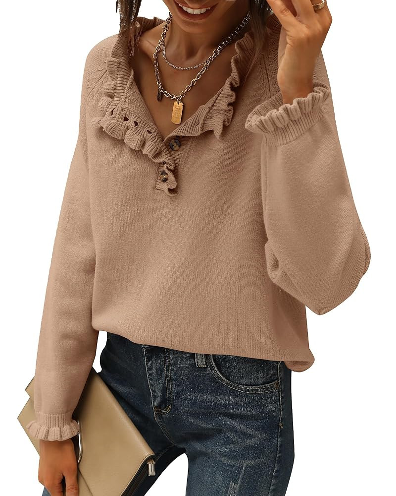 BTFBM Womens Sweaters Fall Winter Clothes 2025 Long Sleeve Button Down Ruffle Crew Neck Casual Kn... | Amazon (US)