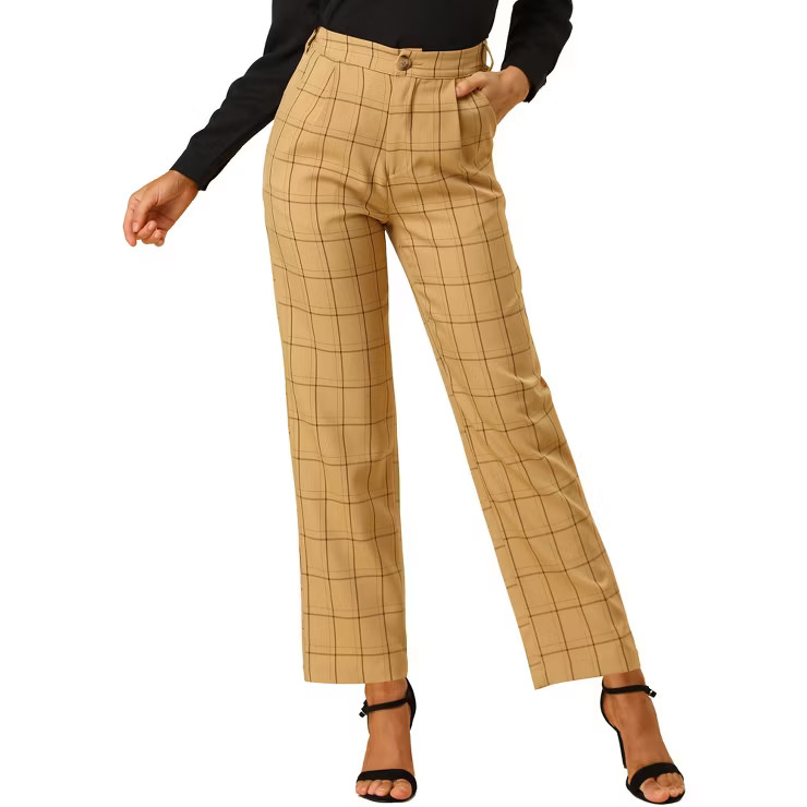 Allegra K Women's Plaid Pockets Elastic Waist Straight Leg Pant | Target