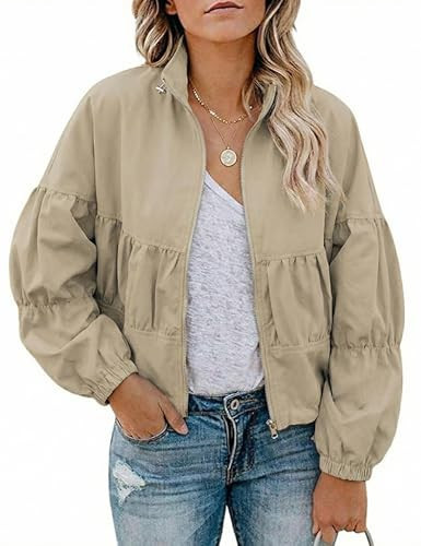 Watashi Women Cropped Bomber Jacket Casual Lightweight Spring Fall Lapel Coat Balloon Long Sleeve Streetwear Outerwear (Khaki-M) | Amazon (US)