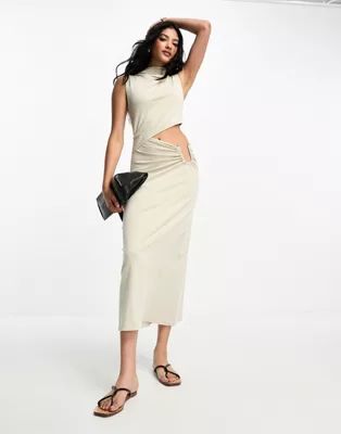 ASOS DESIGN maxi dress with side cut out and gold trim in oat | ASOS (Global)