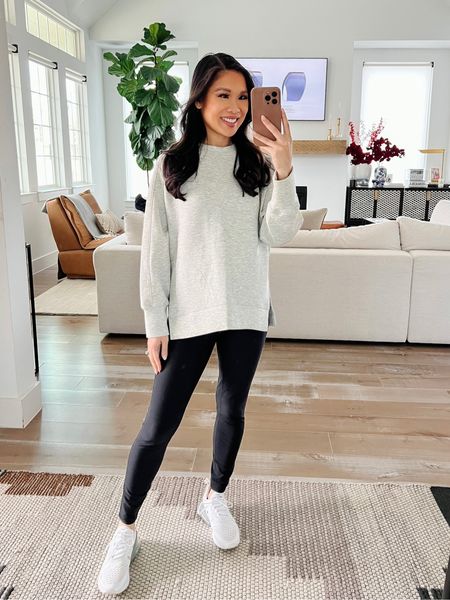 Athleisure outfit on sale! Love these black leggings because they are so comfy and I sized up to medium for maternity style. Wearing size XS in the sweatshirt, which has slits so it’s super comfy! 

#LTKfit #LTKsalealert #LTKbump