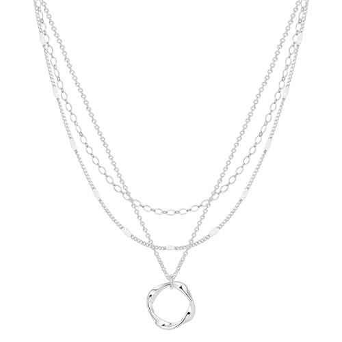 Cuzmly Layered Silver Necklaces for Women, 925 Sterling Silver Stackable Choker Necklaces for Women Trendy Layering Circle Pendant Chain Necklace Set Jewelry Gifts for Women Teen Girls, Brass, No | Amazon (US)