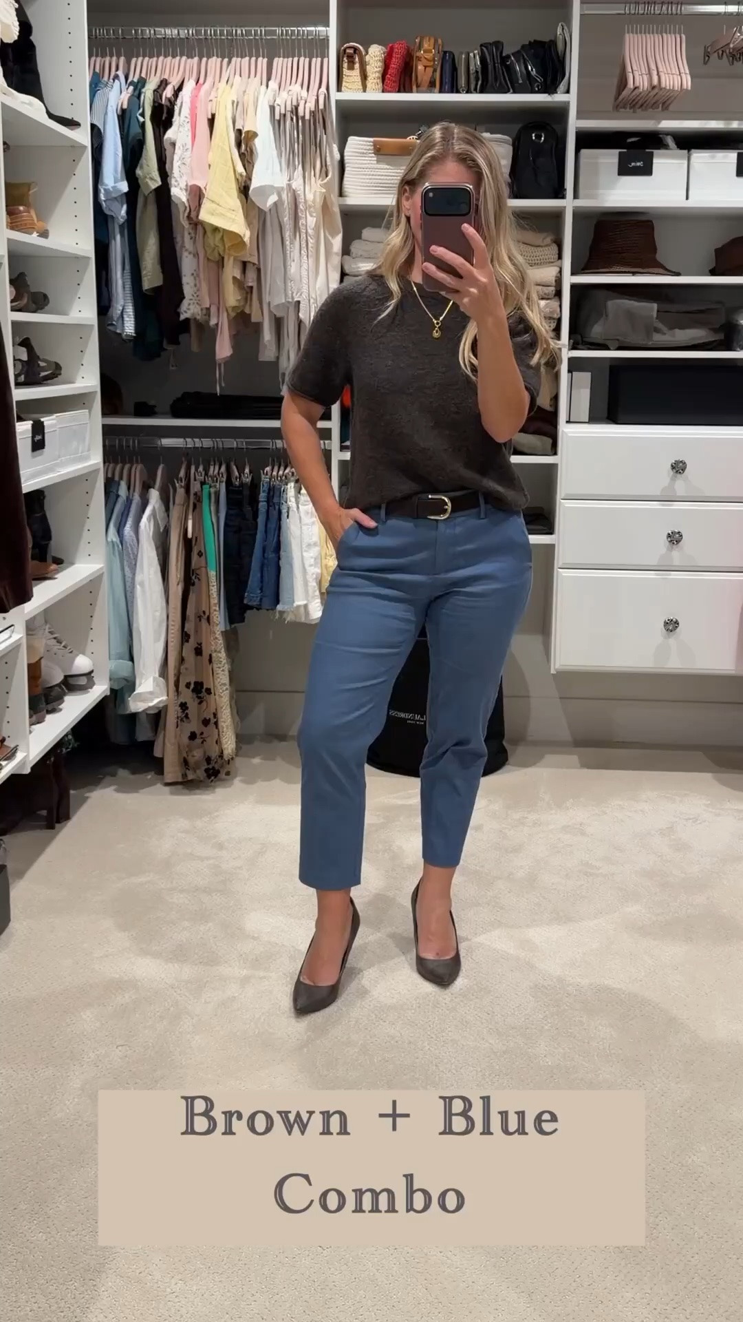 Chocolate brown + blue might be one of my favorite color combinations for fall. 🤎💙

A soft brown knit, tailored blue trousers, chocolate pumps and a simple belt — polished without feeling overly dressed.

This is exactly the kind of outfit I love: simple pieces, great proportions, and an unexpected color combination that makes it feel intentional.

Save this one for an easy work outfit or fall dinner look.

#LTKootd #LTKPetite #LTKSeasonal