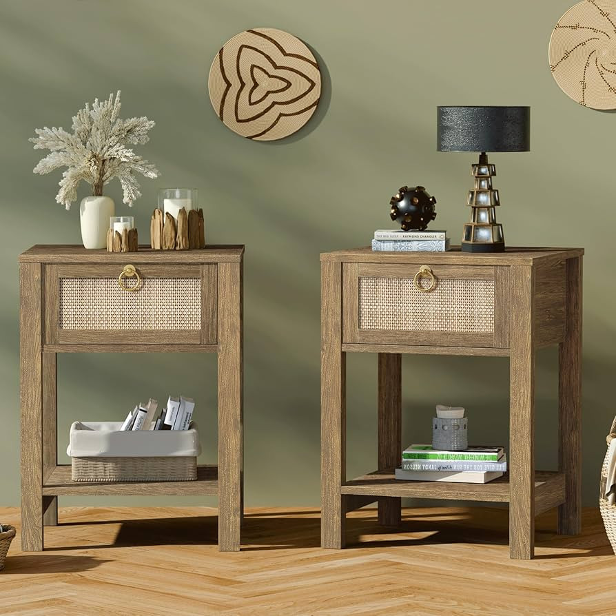 SICOTAS Nightstand Set of 2 - Rattan Decor Drawer with Brass Knobs Night Stand Wood Bedside Table... | Amazon (US)
