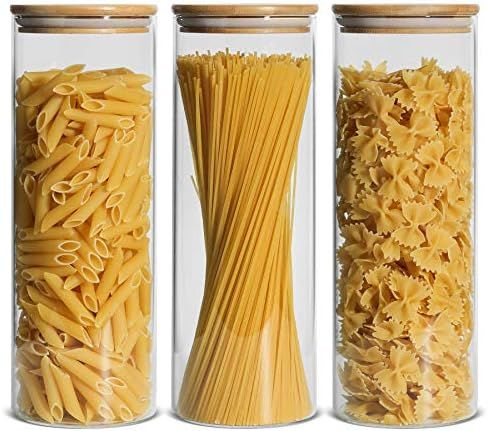 ComSaf Glass Spaghetti Pasta Storage Container with Lids 2200ml Set of 3, Tall Clear Airtight Foo... | Amazon (UK)
