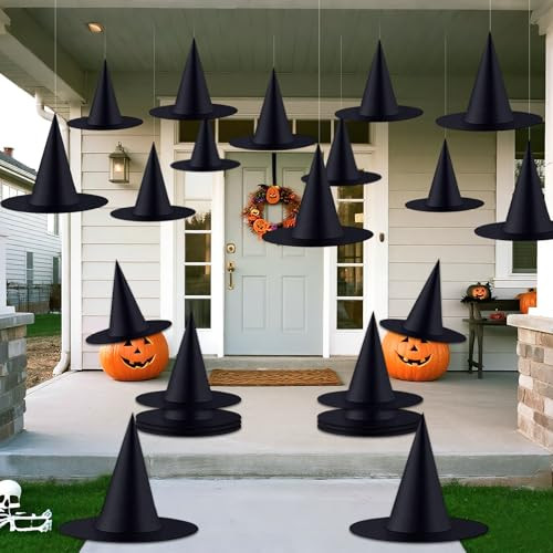 ZeeDix 24Pcs Halloween Witch Hats, Black Hanging Witches Hat with 98 Ft Hanging Rope, Halloween Costume Accessories Party Decoration | Amazon (US)
