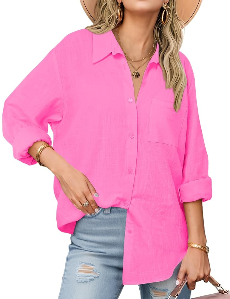 Zeagoo Womens Button Down Shirts Long Sleeve Cotton Gauze Tops Casual Collared Blouses Loose Fit | Amazon (US)