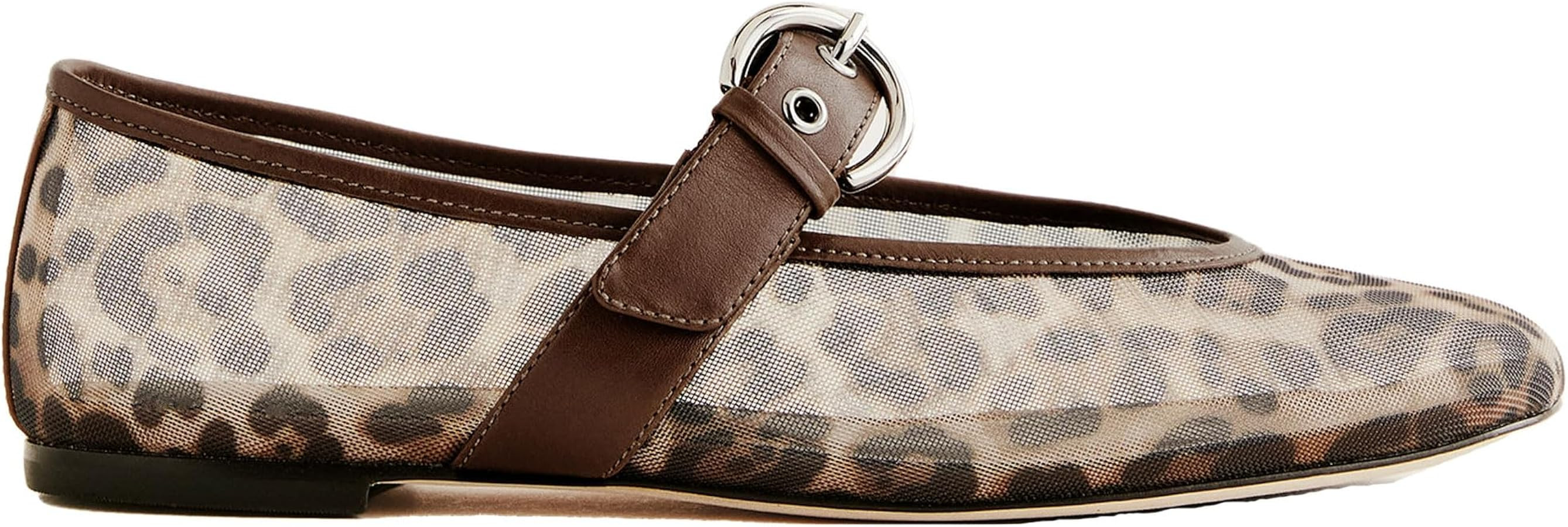 Leopard Mesh Ballet Flats for Women Animal Print Round Toe Mary Jane Flats Silver Buckle Comforta... | Amazon (US)