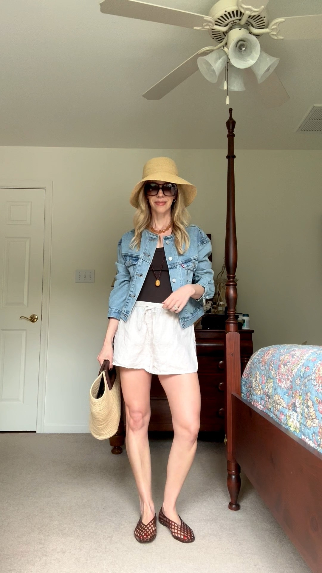 Casual summer outfit with @Janessa Leone straw bucket hat, cropped denim jacket, linen shorts, jelly shoes, Le Tanneur straw tote bag

#LTKSeasonal #LTKOver40 #LTKSaleAlert
