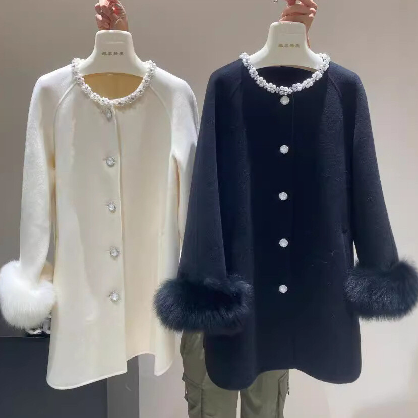 Korean Fox Fur Wool Coat Cashmere Women's Double-sided Woolen Outwear Crew Neck  | eBay | eBay US