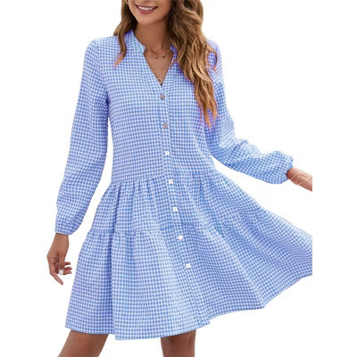 BLUEMING Women's Plaid Print Long Sleeve Shirt Dresses Button Up Split Neck Tunic Dress - Blue,Small | Target