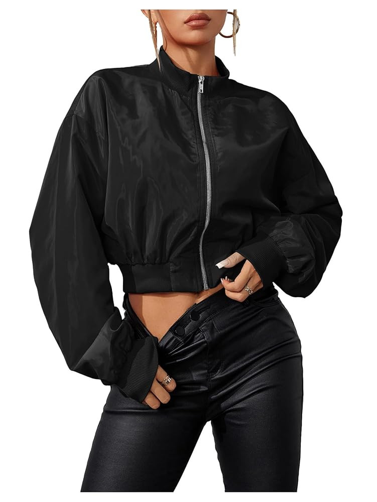 Verdusa Women's Cropped Bomber Lightweight Jacket Long Sleeve Zip Up Outerwear | Amazon (US)