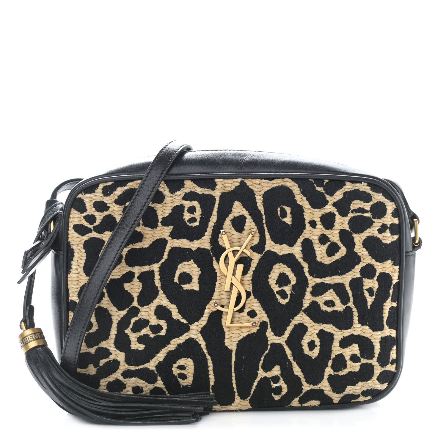 SAINT LAURENT Raffia Calfskin Leopard Print Monogram Lou Camera Bag Natural Beige Black | FASHION... | Fashionphile