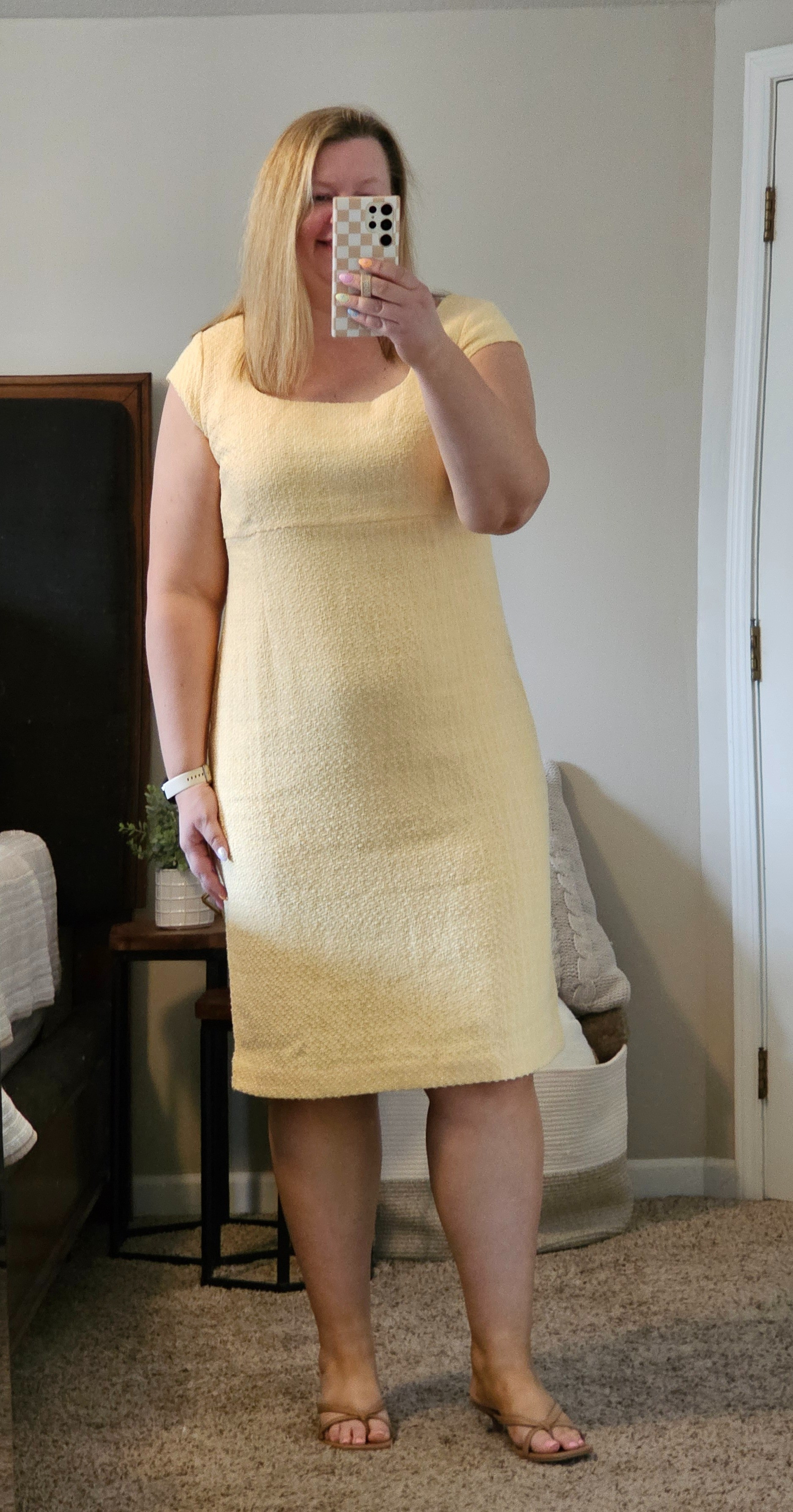 This tweed cap sleeve dress is a size 18 and I love the bright yellow color. 

#LTKover40 #LTKsalealert #LTKworkwear