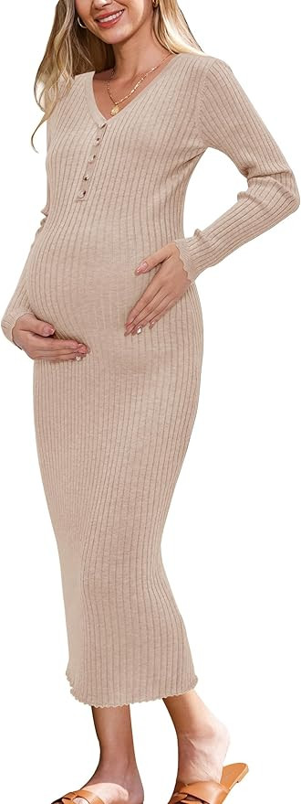 OUGES Women's Wool Blend 2025 Winter Maternity Sweater Dress V Neck Long Sleeve Slim Fit Ribbed K... | Amazon (US)