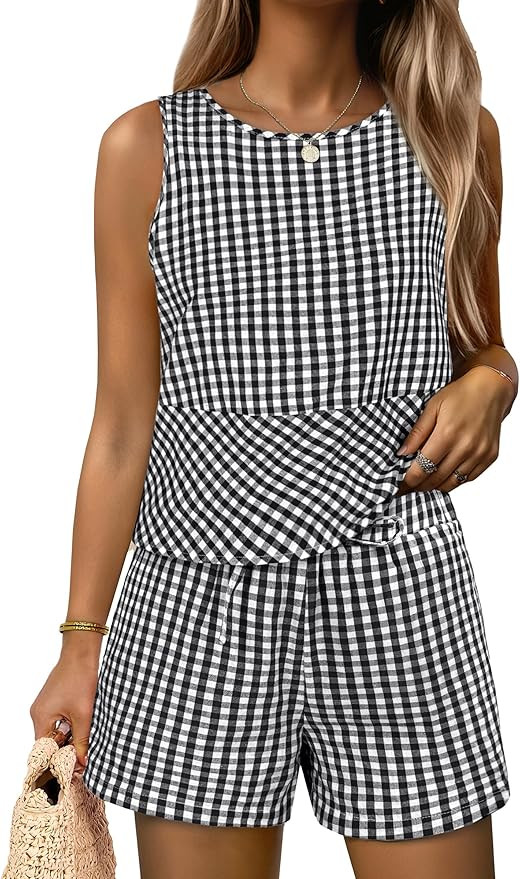 ANRABESS Womens 2 Piece Outfits Striped Summer Casual Sleeveless Tank Top Matching Shorts Lounge ... | Amazon (US)