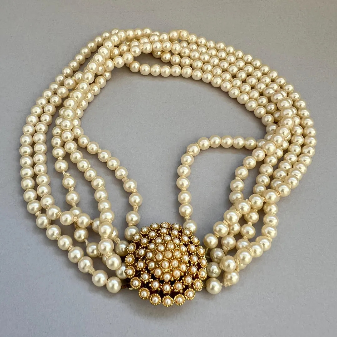 Victorian Style Pearl Choker Necklace 5-strand Gold Tone Round Front Pendant, Vintage Faux Pearls... | Etsy (US)