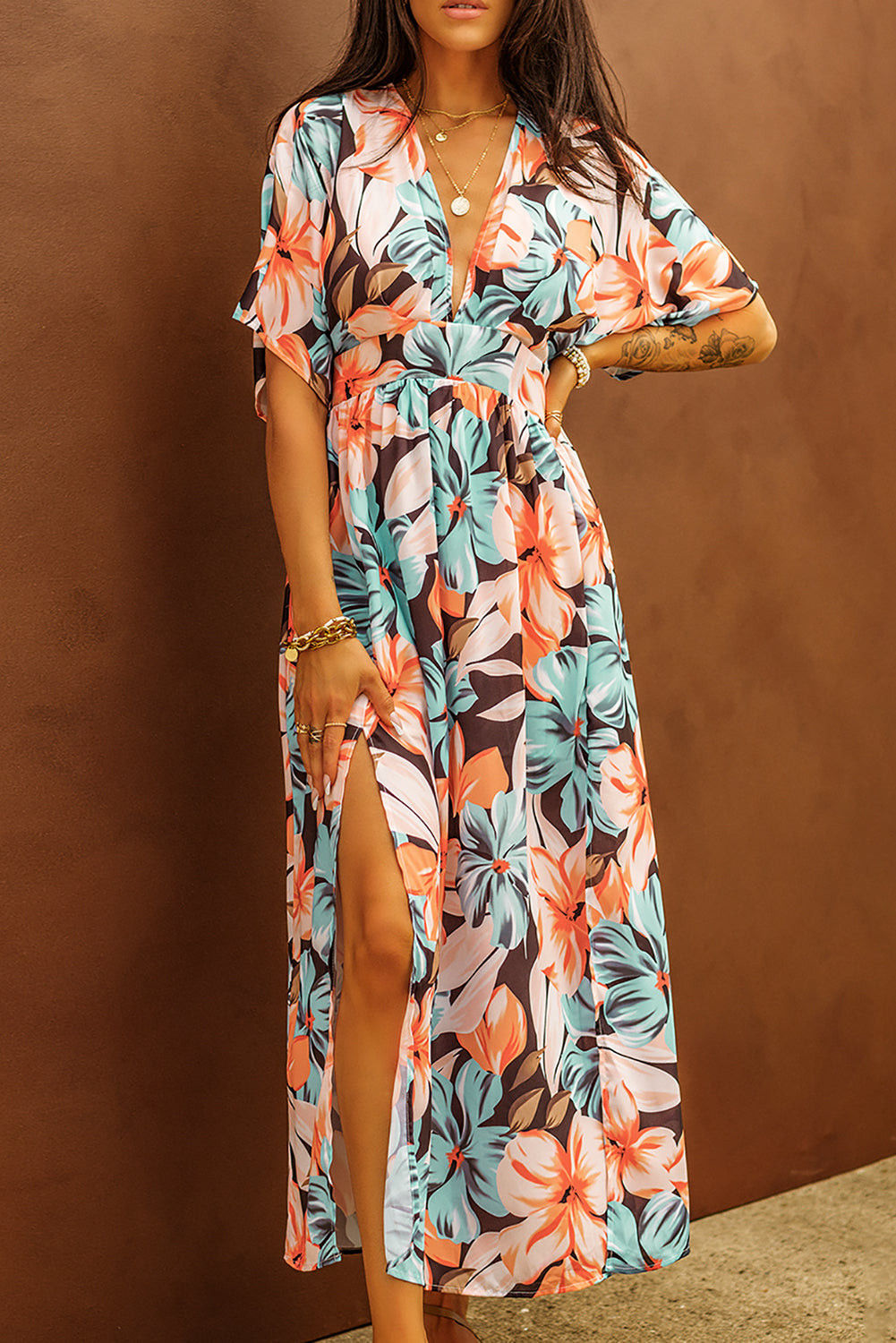 Floral Kimono Long Dress with Slit | Evaless