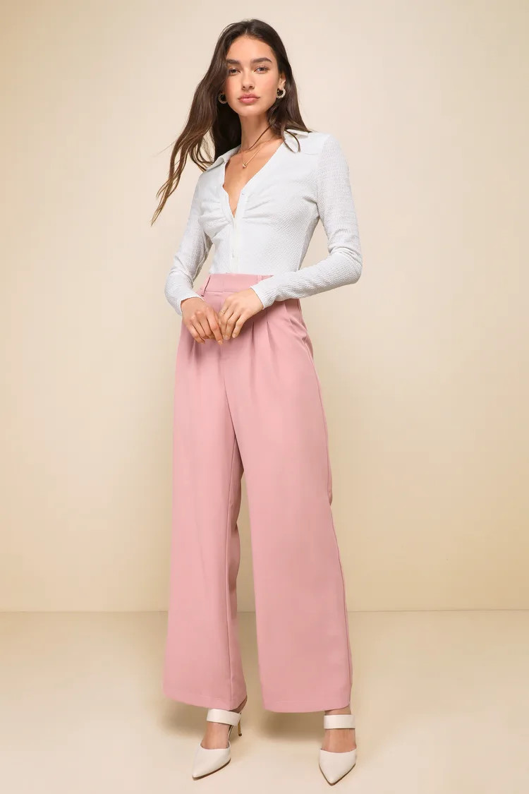 Posh Potential Dusty Rose Twill High Rise Wide-Leg Pants | Lulus