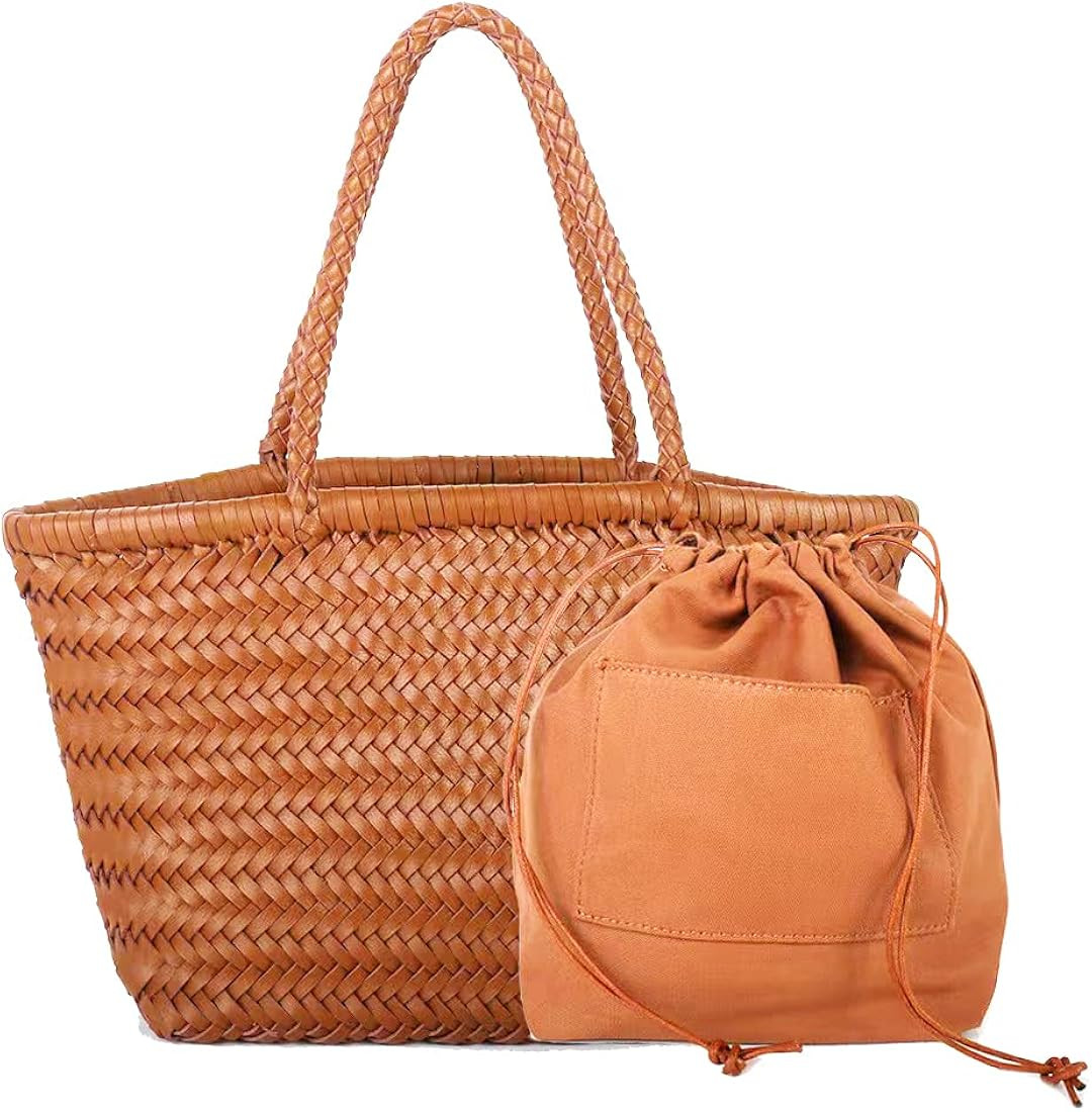 Amazon.com: Leather Woven Tote Bag Large Shoulder Bag Shopper Tote Bags with Lined Bag of Cotton ... | Amazon (US)