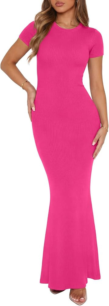 REORIA Women's Basic Summer Casual Lounge Long Dress Elegant Short Sleeve Crew Neck Bodycon Maxi ... | Amazon (US)