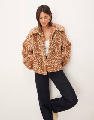 Threadbare faux fur jacket with oversized collar in tan deer print | ASOS | ASOS (Global)