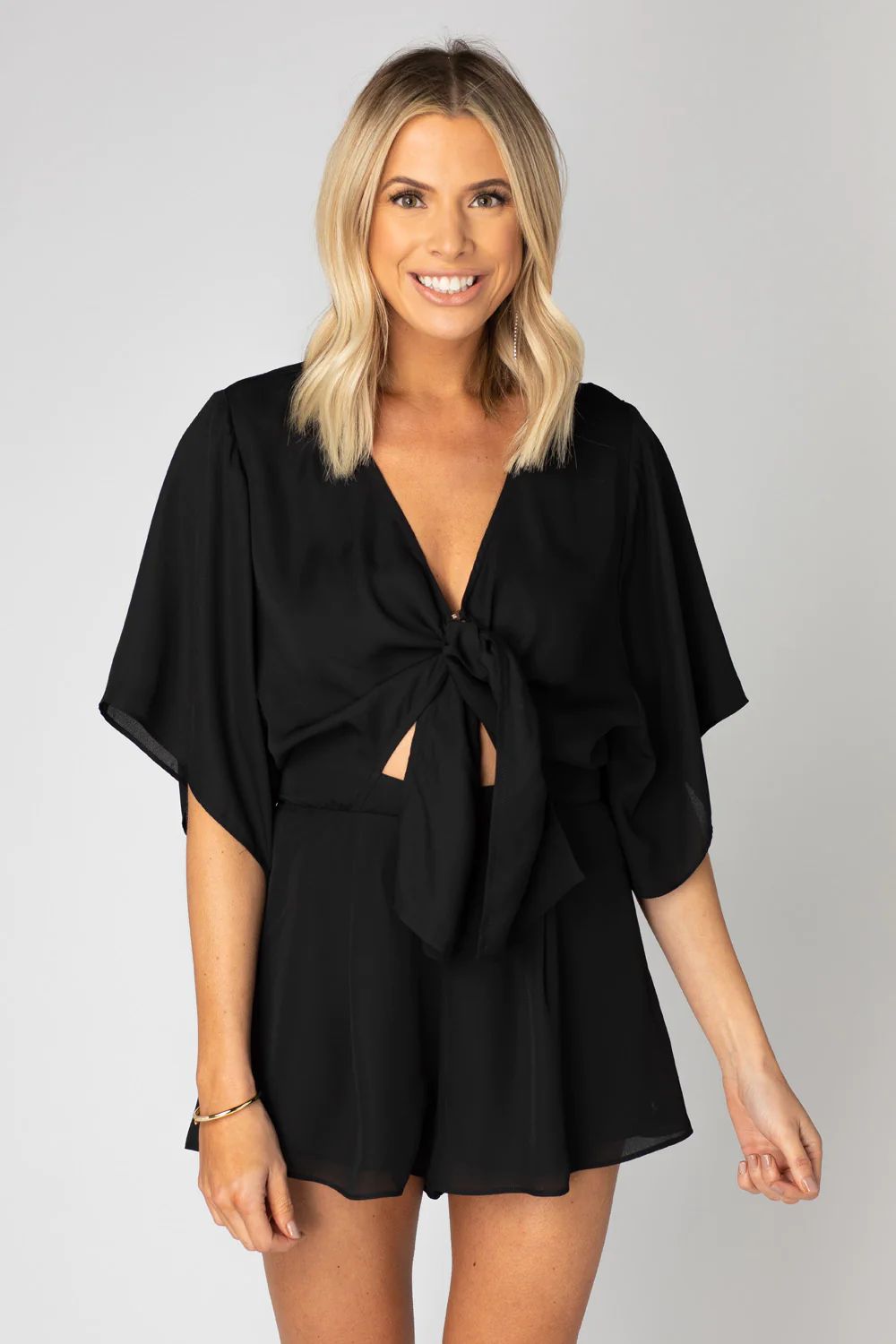 Stella Elastic Waist Tie Front Romper - Black | BuddyLove