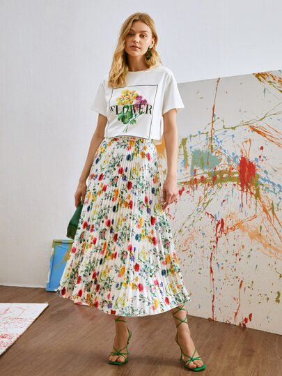 Floral Print Pleated Skirt | SHEIN