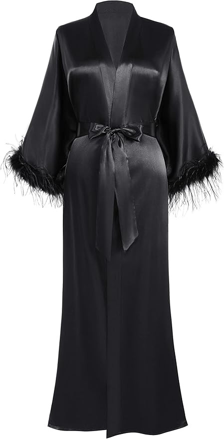 PRODESIGN Satin Kimono Robe Long Silky Bath Robe with Ostrich Feather Trim Sleepwear Wedding Brid... | Amazon (US)