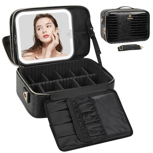 Relavel Makeup Bag With LED Mirror, 2-Layers Travel Cosmetic Bag with Removable Partitions, Large Capacity Makeup Train Case Organizer Box for Women with Lighted Mirror, Crocodile | Amazon (US)
