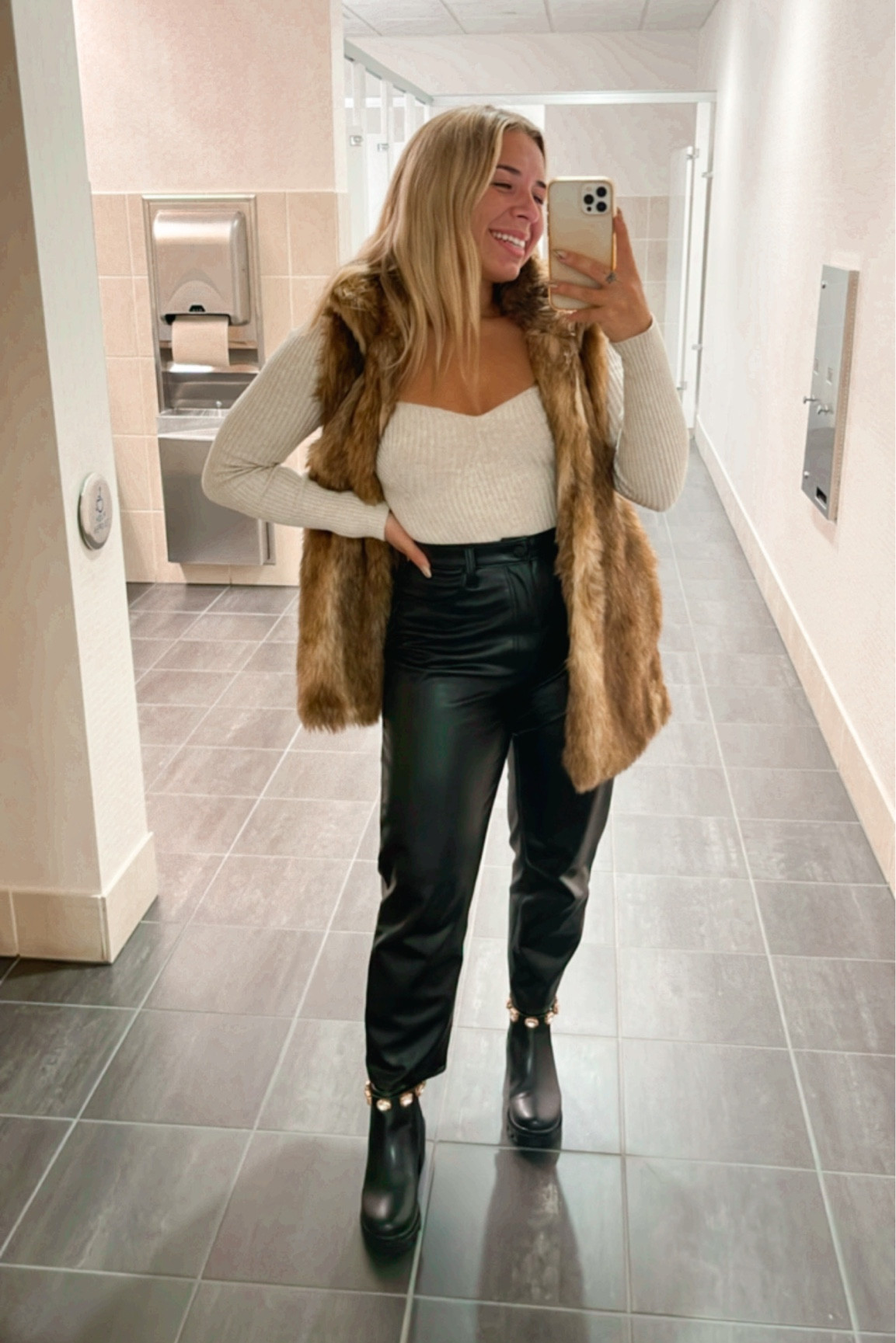 Work office outfit, Abercrombie leather pants on sale, sweater bodysuit, fur vest, Steve Madden black boots, work outfit, fall outfit

#LTKshoecrush #LTKworkwear #LTKsalealert