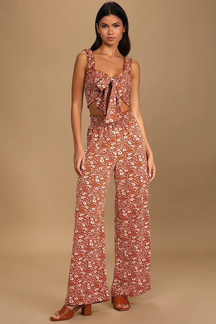Beneath the Sun Brown Floral Print Two-Piece Wide-Leg Jumpsuit | Lulus (US)