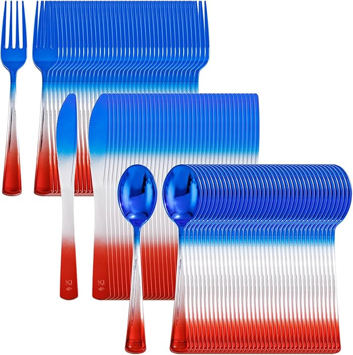 LIYH 120 Pcs Plastic Rainbow Silverware - 4th of July Red and Blue Plastic Cutlery, Colorful Fanc... | Amazon (US)